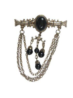 Vintage 1980s Edwardian Style Brooch Plastic Dangle Beads Chain Pale Goldtone